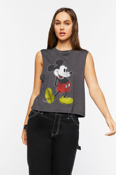 Forever 21 Women's Dark Gray Mickey Mouse Print Sleeveless Blouse |Forever 21 In Lebanon