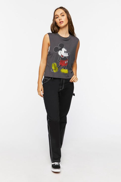 Forever 21 Women's Dark Gray Mickey Mouse Print Sleeveless Blouse |Forever 21 In Lebanon