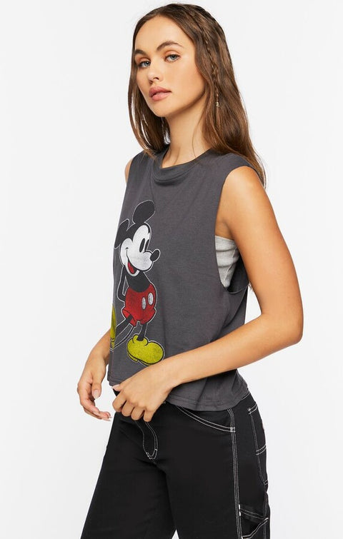 Forever 21 Women's Dark Gray Mickey Mouse Print Sleeveless Blouse |Forever 21 In Lebanon