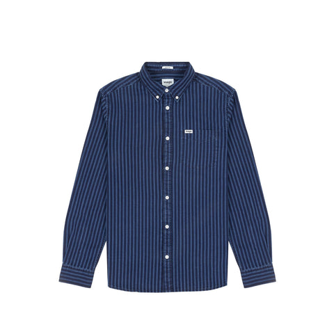 Wrangler Men's Med Indigo Navy One Pocket Button Down Striped Shirt | Wrangler In Lebanon