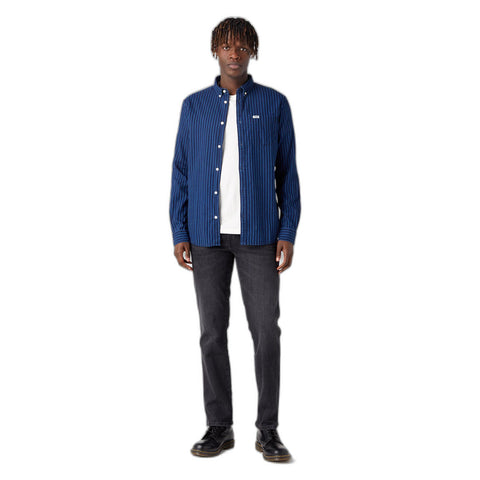 Wrangler Men's Med Indigo Navy One Pocket Button Down Striped Shirt | Wrangler In Lebanon