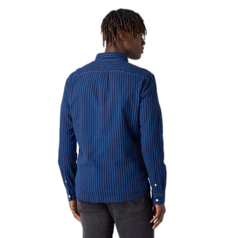 Wrangler Men's Med Indigo Navy One Pocket Button Down Striped Shirt | Wrangler In Lebanon