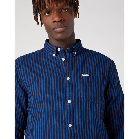 Wrangler Men's Med Indigo Navy One Pocket Button Down Striped Shirt | Wrangler In Lebanon
