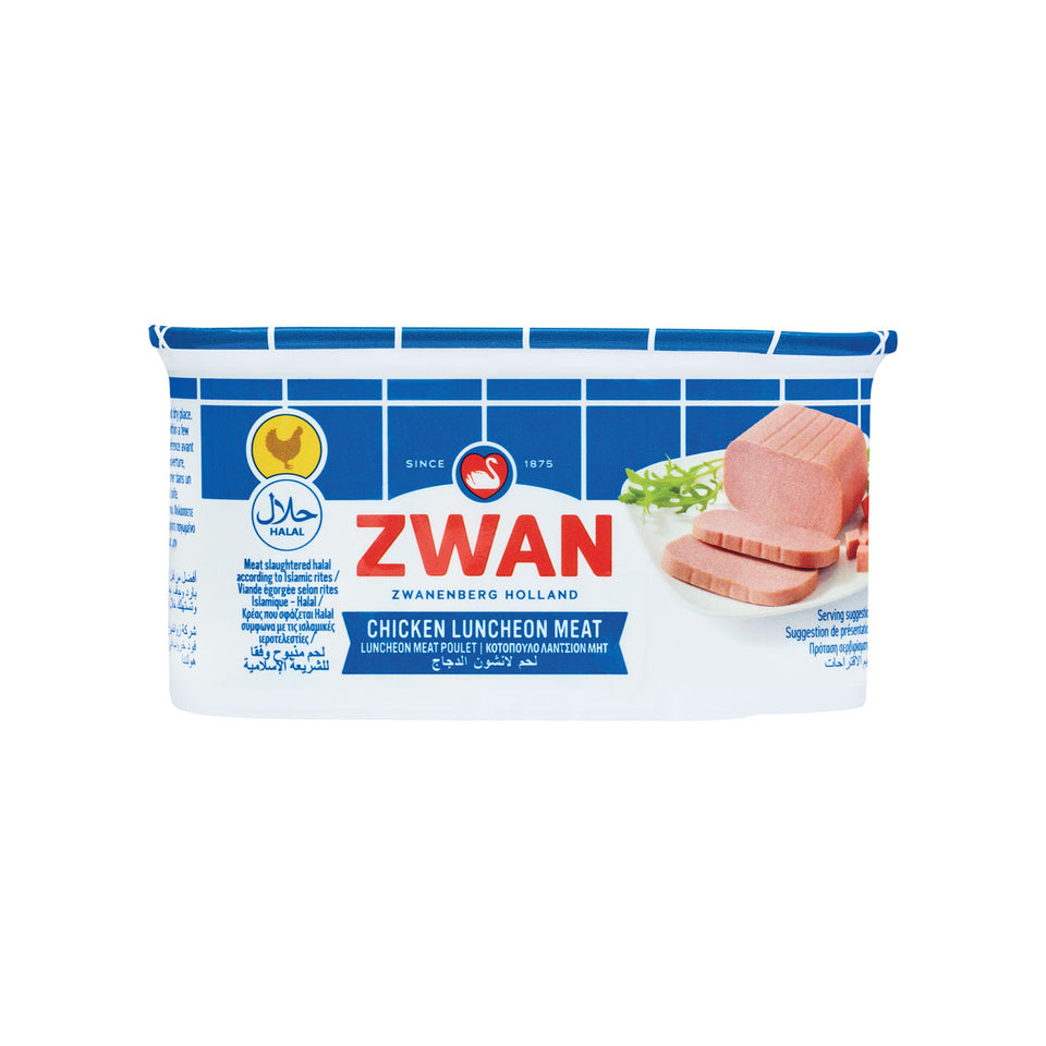 A can of Zwan Chicken Luncheon Meat 200g with branding and product information displayed on the label.