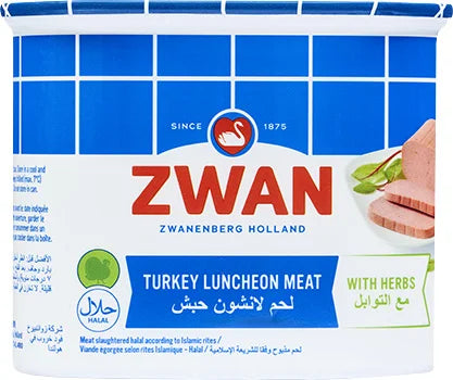 Packaging of Zwan Turkey Luncheon Meat featuring the brand logo, product name, and an image of the turkey meat with herbs.