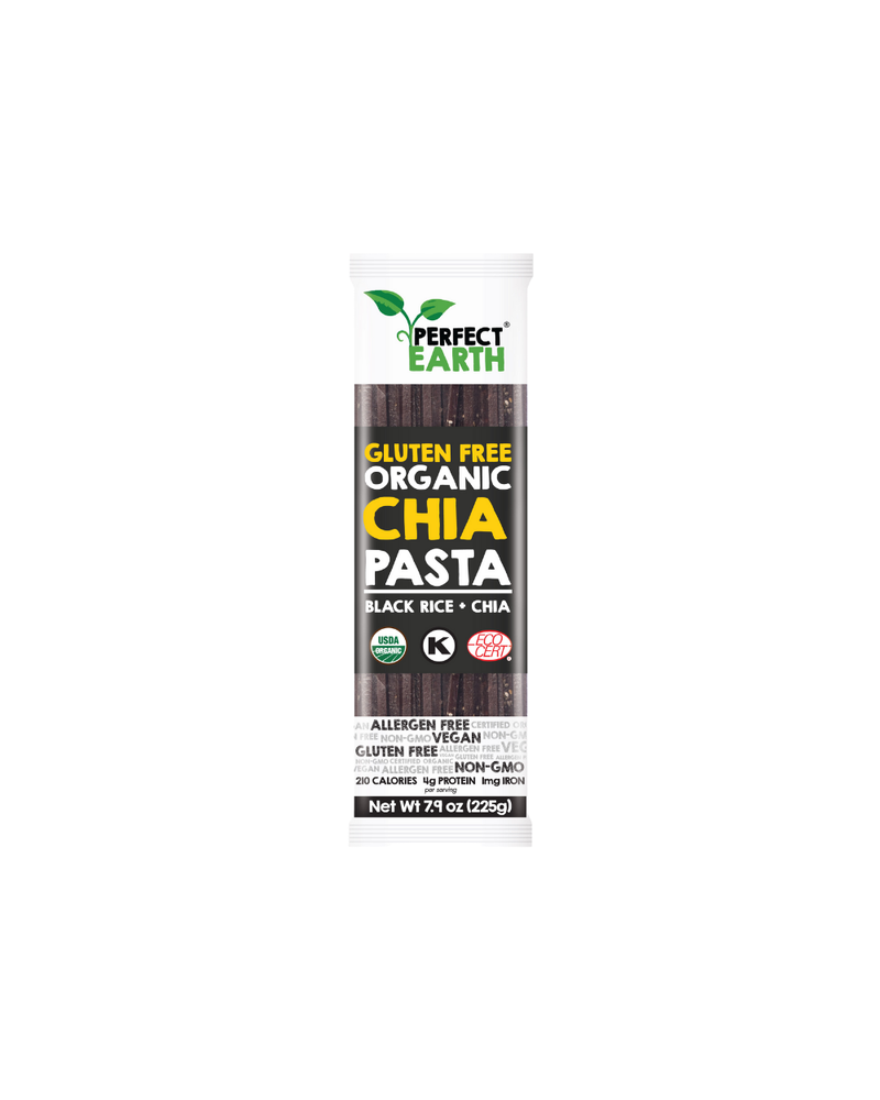 Packaging of Perfect Earth Organic Black Rice Pasta with Chia, 225g, with product details visible