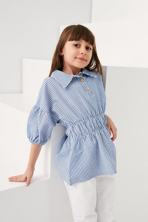 Fulla Moda Girl's Blue Striped Waist-Lined Shirt 165109