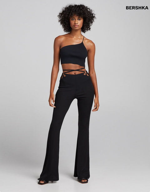Bershka Women's Black Asymmetrical Thin Strap Top 3260\623\800(shr)