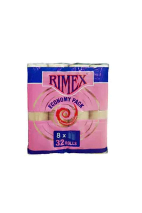 Rimex toilet paper package with pink and blue design on a white background