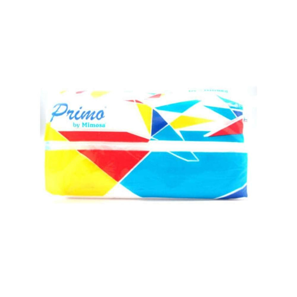 A pack of Mimosa Primo 150 facial tissues with a colorful geometric pattern.
