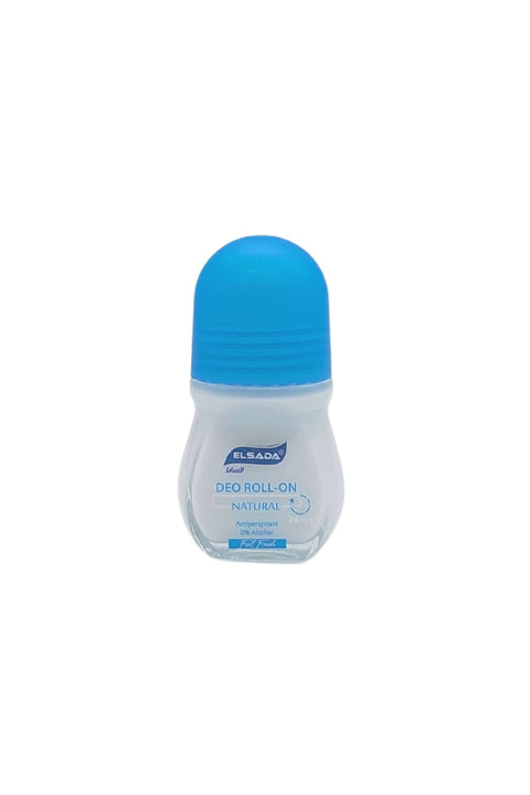 Elsada Deo Roll-On Natural Feel Fresh, 50ml antiperspirant deodorant in a clear roll-on container with a blue lid.