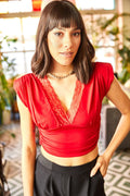 Olalook Women's Red Lace Detailed Waistband Crop Knitted Blouse BLZ-19001865