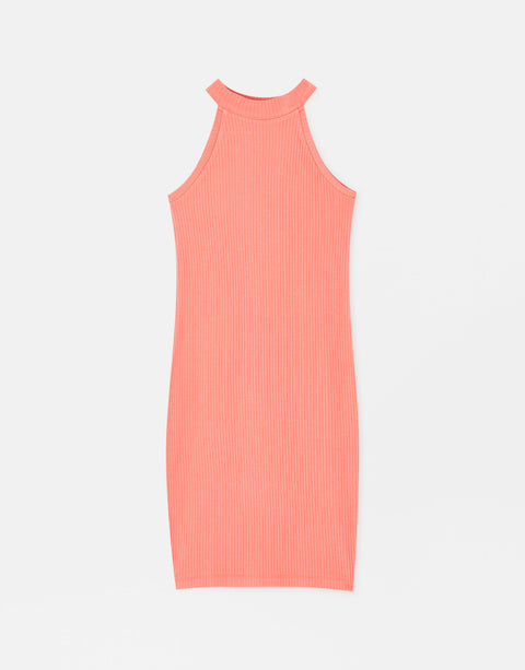 Pull & Bear Women's Coral Ribbed Halterneck Mini Dress 5390\362\649(shr)