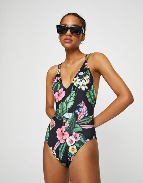 Pull & Bear Women's Black Swimsuit with a Floral Print 5801/302/800(SHR)(PB8)