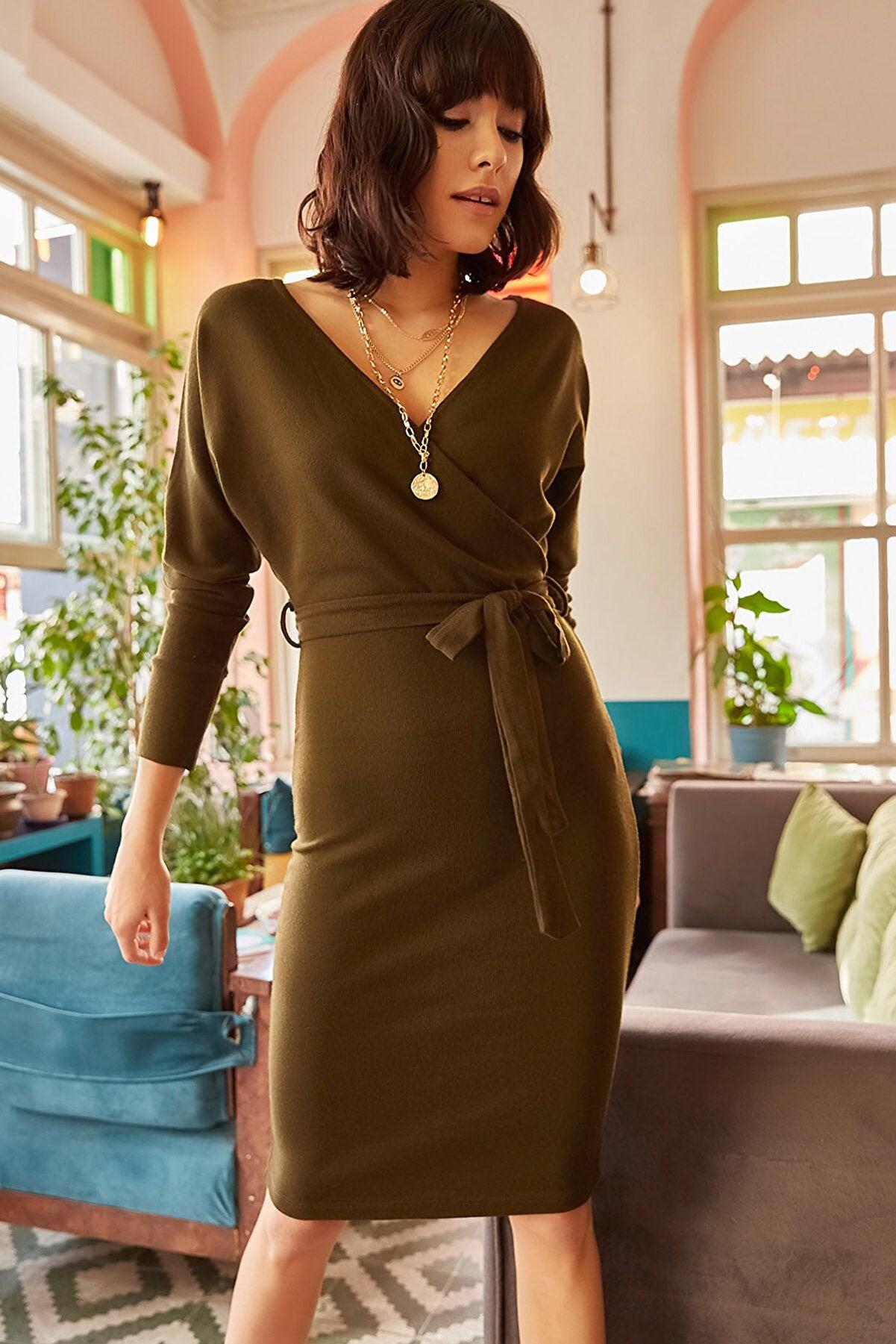 Olalook Women's Khaki Double Breasted Belted Knitwear Dress ELB-19000827