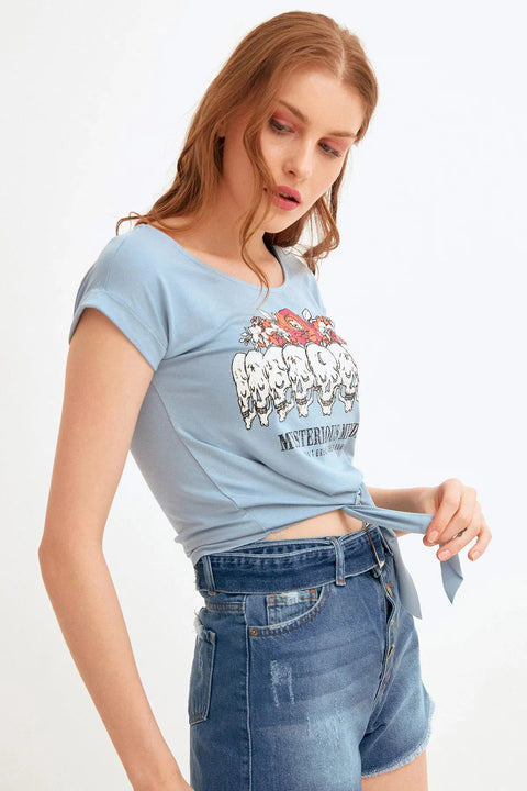 Fulla Moda Women's Floral Printed Bottom Tie T-Shirt 150963-10(fl115)