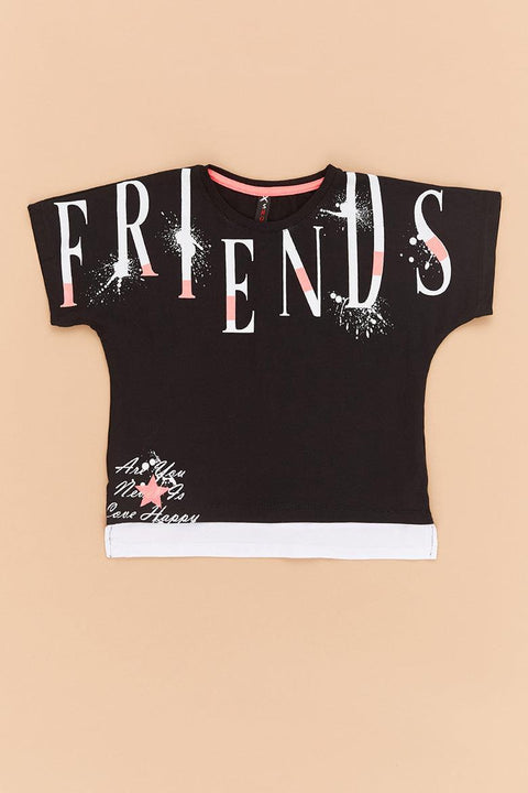 Fulla Moda Girl's Black Friends Printed Crew Neck Tshirt 155599