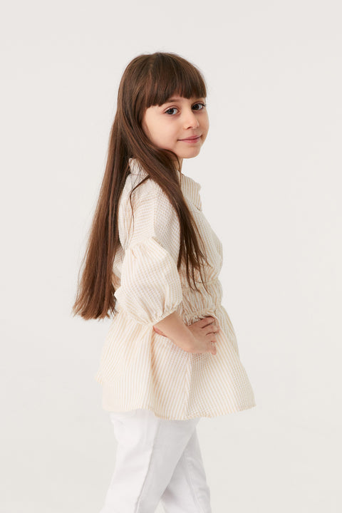 Fulla Moda Girl's Beige Striped Waist-Lined  Shirt 165109(fl54)