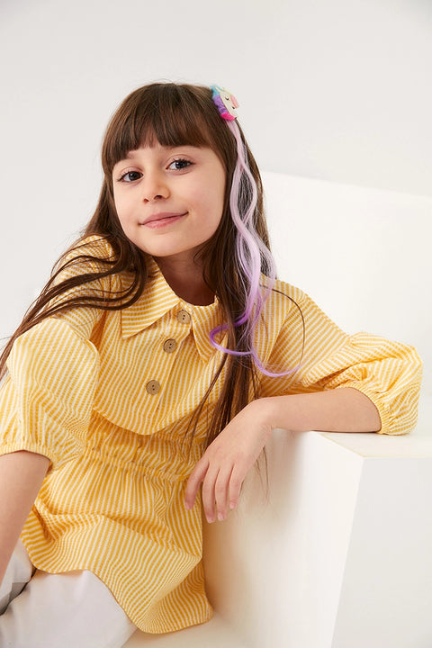 Fulla Moda Girl's Yellow Striped Waist-Lined Children's Shirt 165109(FL54)