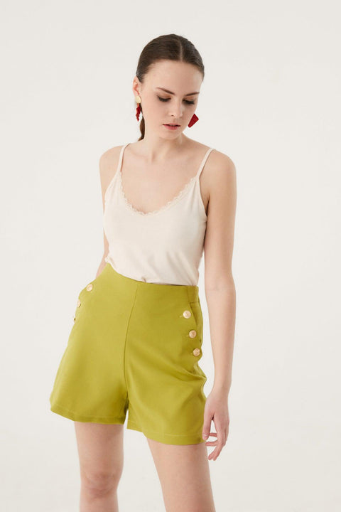 Fulla Moda Women's Pistachio Green Button Detailed High Waist Fabric Shorts 164899 (FL24)
