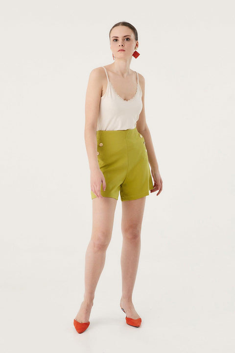 Fulla Moda Women's Pistachio Green Button Detailed High Waist Fabric Shorts 164899 (FL24)