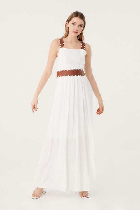 Fulla Moda Women's White Faux Leather Detailed Belted Dress 166080 (FL37)(shr)