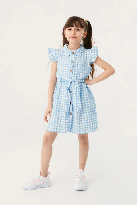 Fulla Moda Girl's Blue gingham Patterned Dress with Buttons 165818