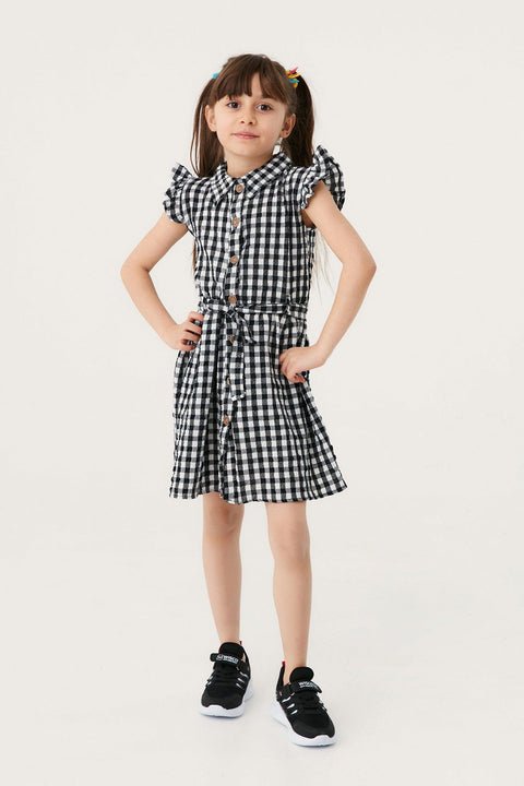 Fulla Moda Girl's Black gingham Patterned Dress with Buttons 165818 shr