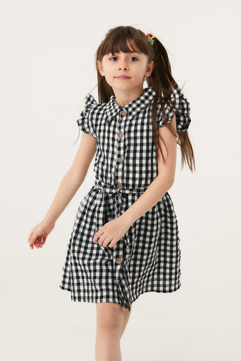 Fulla Moda Girl's Black gingham Patterned Dress with Buttons 165818 shr
