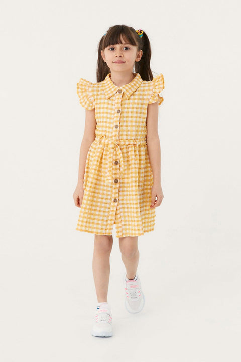 Fulla Moda Girl's Yellow gingham Patterned Dress with Buttons 165818