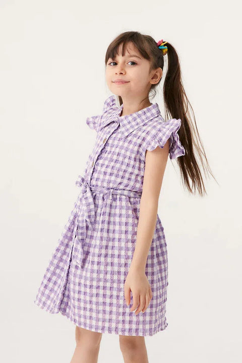 Fulla Moda Girl's Lilac gingham Patterned Dress with Buttons 165818