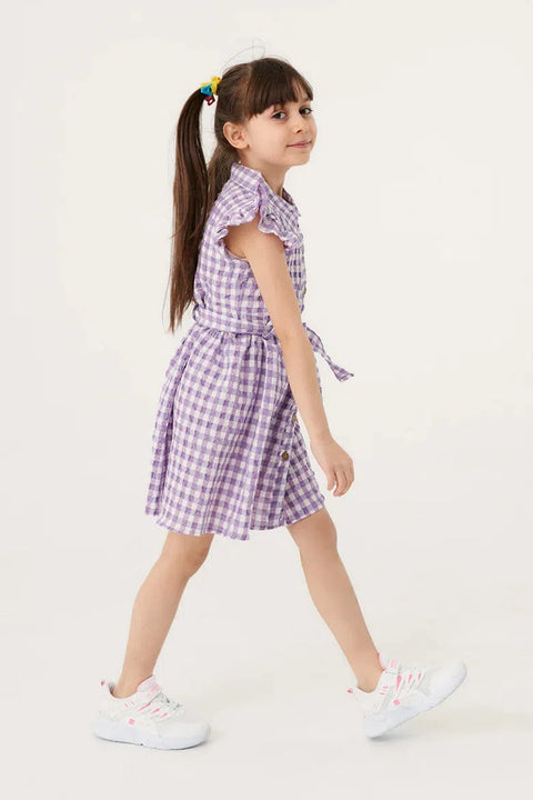 Fulla Moda Girl's Lilac gingham Patterned Dress with Buttons 165818