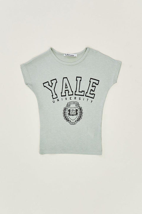Fulla Moda Girl's Water Green Yale Printed T-Shirt 165516