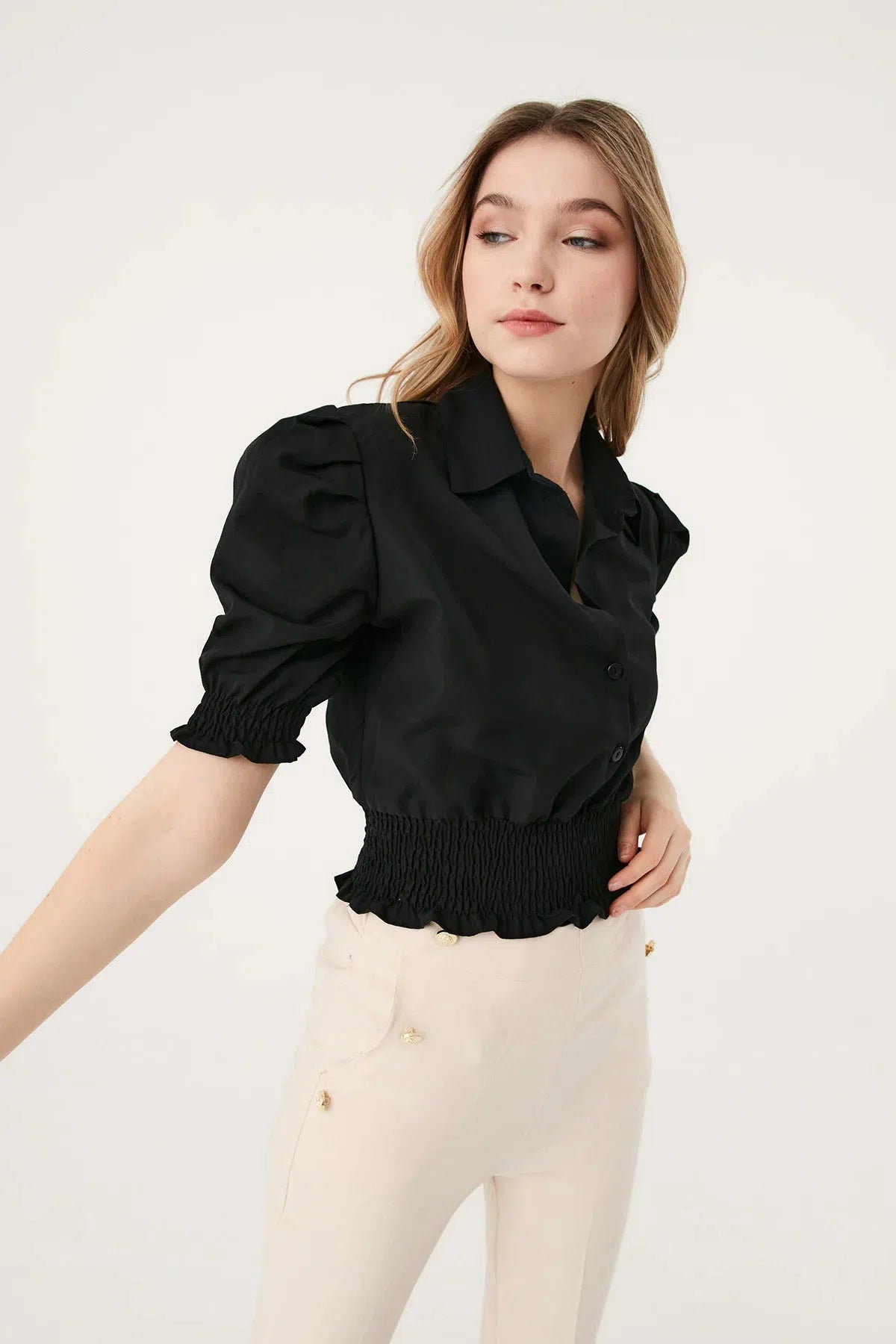 Fulla Moda Women's Black Watermelon Sleeve Crop Shirt With Gipel Waist 166175(FL51)