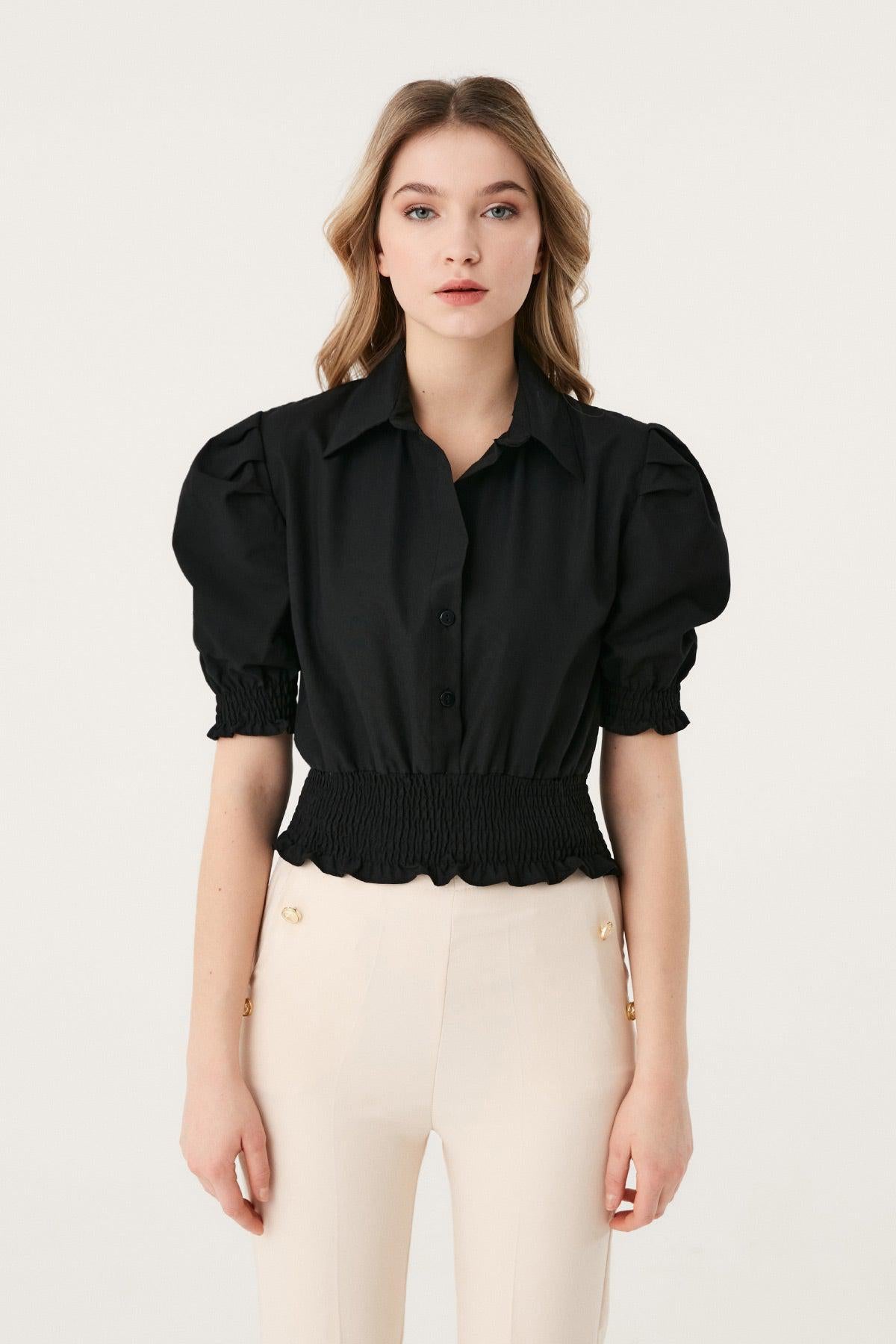 Fulla Moda Women's Black Watermelon Sleeve Crop Shirt With Gipel Waist 166175(FL51)