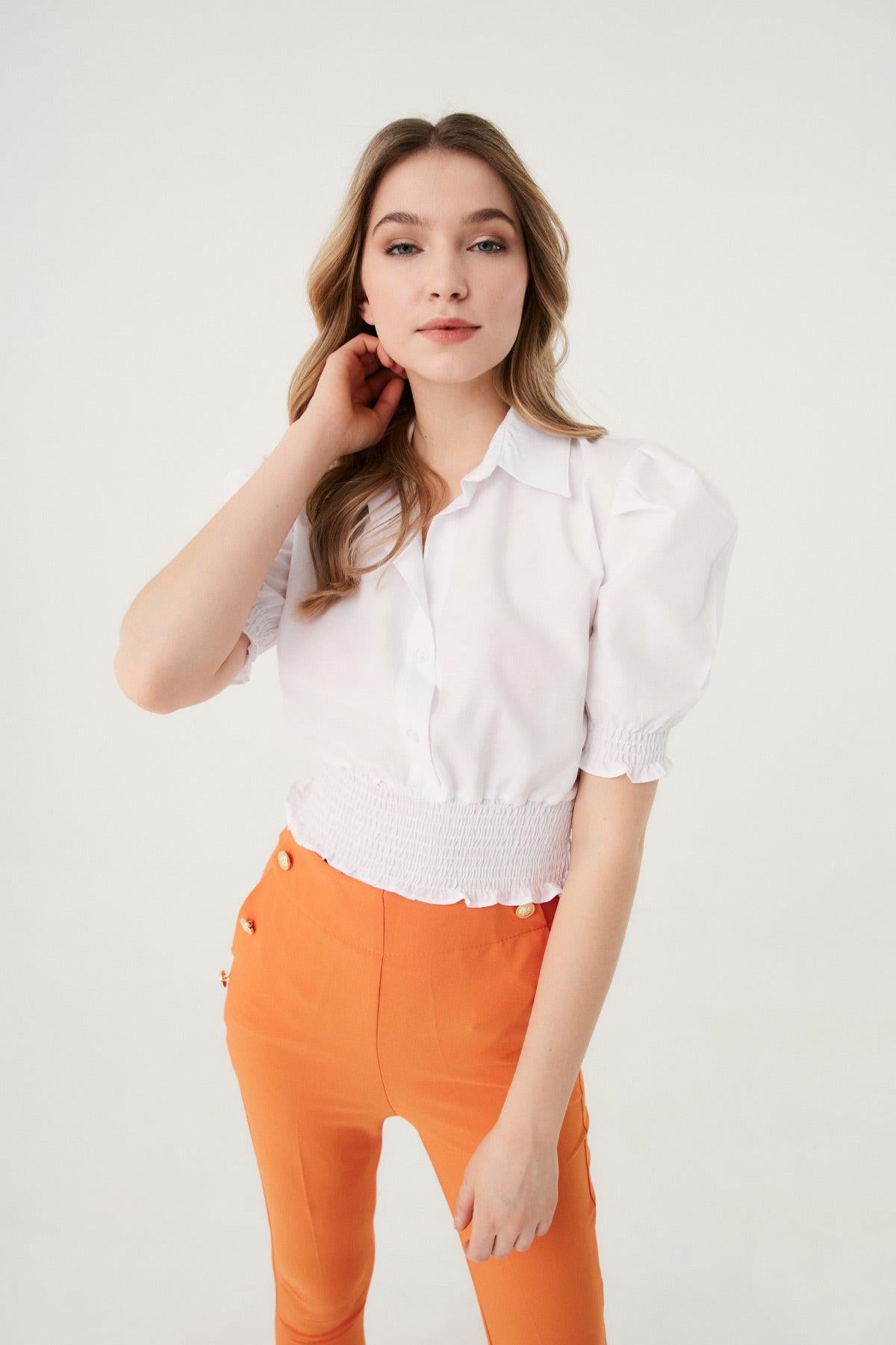Fulla Moda Women's White Watermelon Sleeve Crop Shirt With Gipel Waist 166175(FL51)