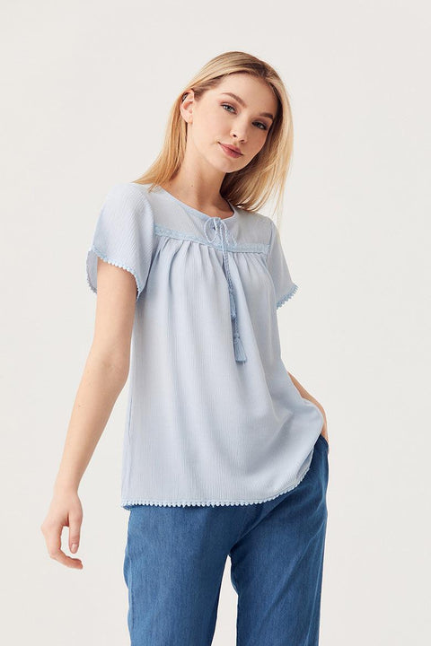 Fulla Moda Women's Blue Lace-Up Guipure Detailed Loose Blouse 165578