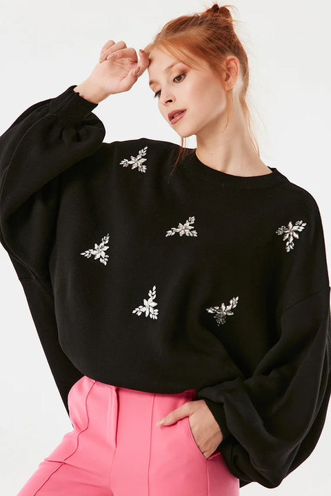 SD Moda Women's Black Stone Detailed Bat Sleeve Knitwear Sweater 176696(ma30)
