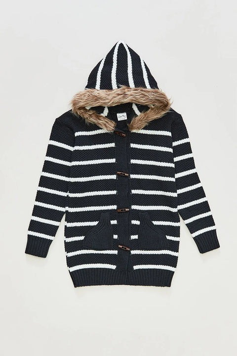 SD Moda Girl's Navy Blue Striped Buttoned Hooded Knitted Girl's Cardigan 176994(yz77)