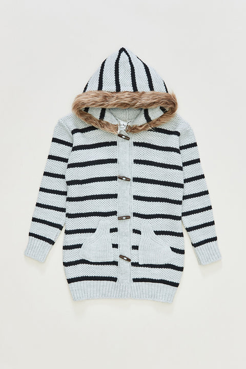SD Moda Girl's Gray Striped Buttoned Hooded Knitted Girl's Cardigan 176994(fl281)