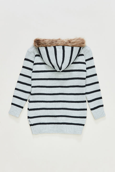 SD Moda Girl's Gray Striped Buttoned Hooded Knitted Girl's Cardigan 176994(fl281)