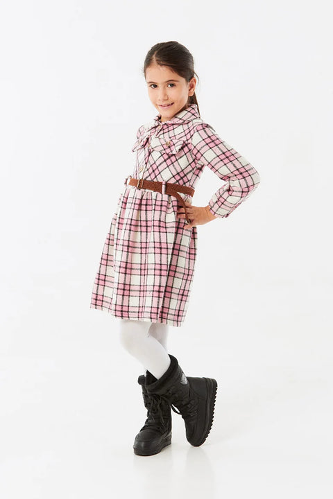 SD Moda Girl's Pink Checked Patterned Belt Girl Dress 177360(ma22)