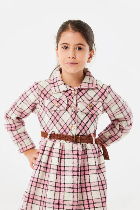 SD Moda Girl's Pink Checked Patterned Belt Girl Dress 177360(ma22)