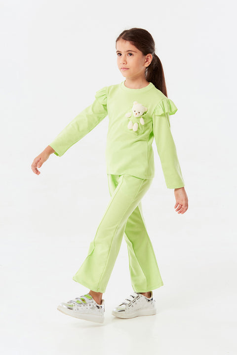 SD Moda Girl's Pistachio Green Teddy Bear Detailed Sleeves Frilly Suit 177140