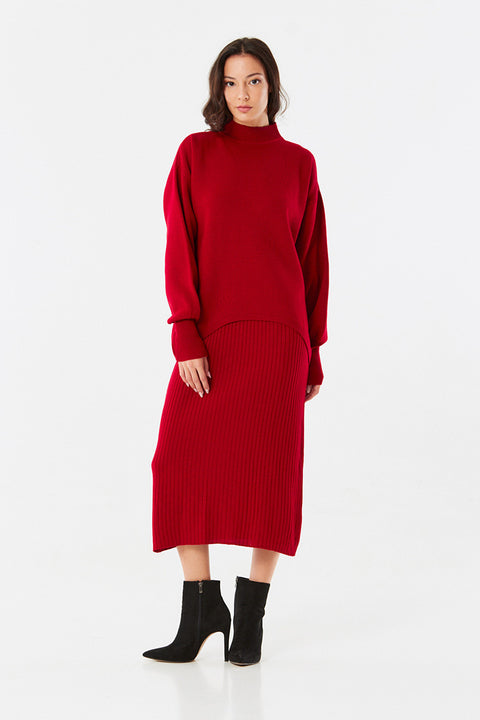 SD Moda Women's Red Straight Collar Balloon Sleeve Gilet Knitwear Set 178023