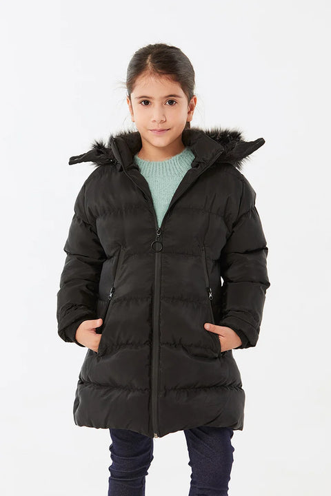 SD Moda Girl's Black Wooded Furry Coatable Coat 176324