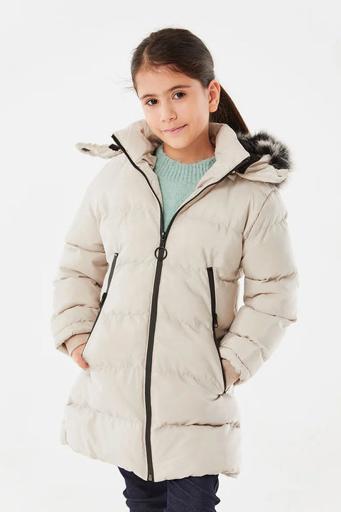 SD Moda Girl's Beige Hooded Furry Inflatable Coat 176324