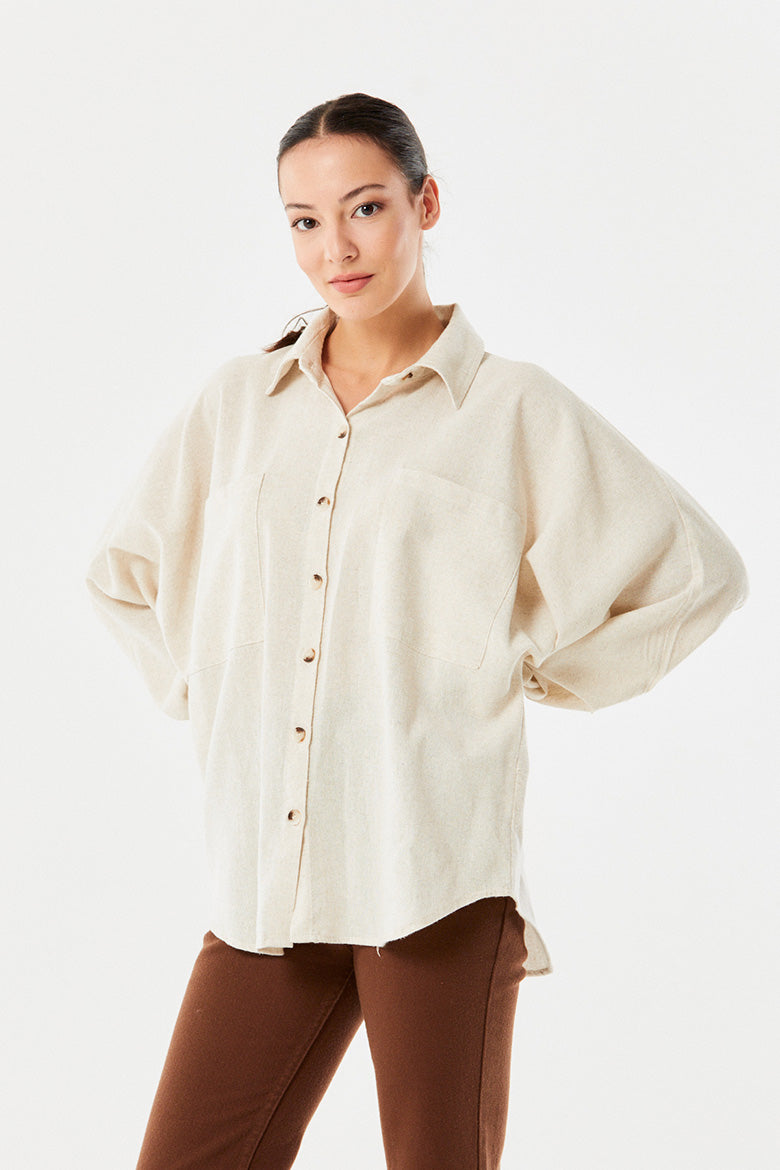 SD Moda Women's Beige Balloon Sleeve Double Pocket Loose Linen Shirt 177595 (FL122) (shr)
