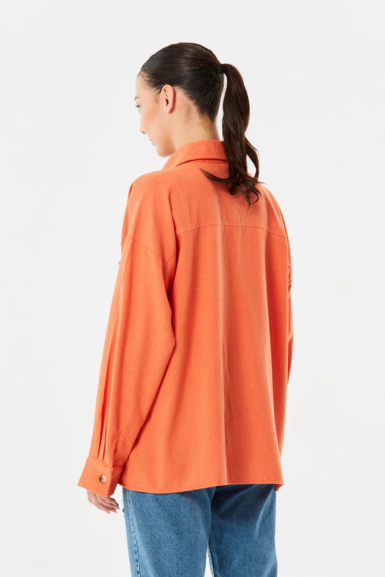 SD Moda Women's Orange Double Pocket Oversized Linen Shirt 177594(FL120)