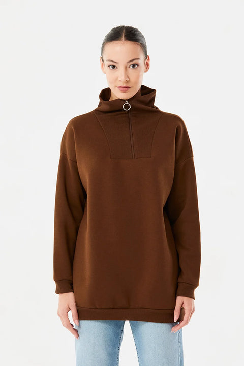 SD Moda  Women's  Brown  Basic Half Zipper Stand Up Sweatshirt 177917 (sr15)